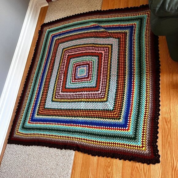 Vintage Granny Square Crochet Throw Blanket Rainbow Home Decor Afghan Boho Brown - Picture 2 of 5
